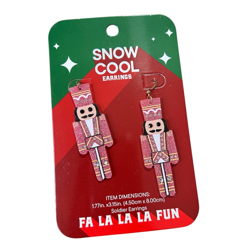 Pink Glitter Nutcracker Dangle Earrings Christmas Toy Soldier Drop Jewelry